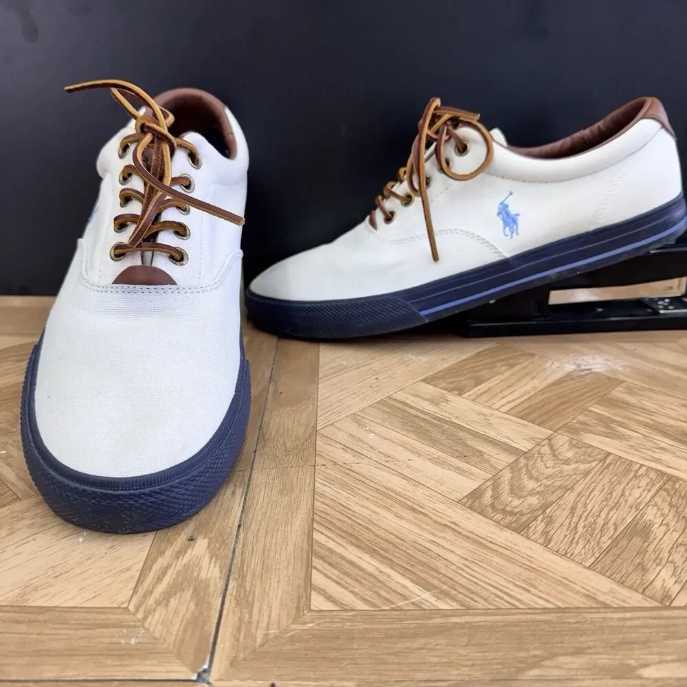 Polo Ralph Lauren Vaughn Mens Sneakers Size 11.5 D Cream Canvas Casual Shoes